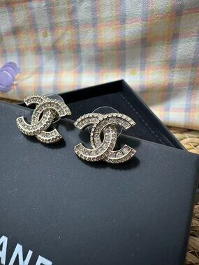 Chanel Silver Crystal CC Stud Earrings